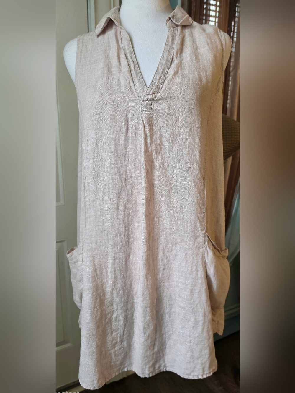 Vintage Sigrid Olsen Sleeveless 100% Linen Tunic Womens S Natural Beige Pockets